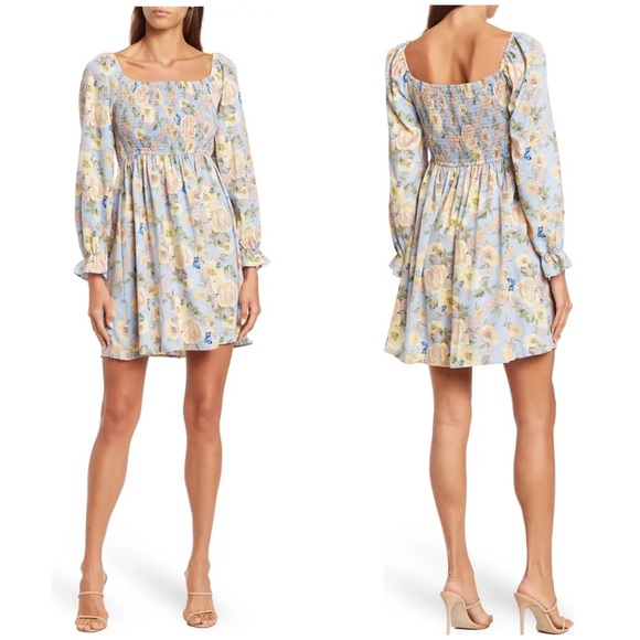 HL Affair Dresses & Skirts - NWT HL Affair Floral Mini Dress Small blue yellow smocked long sleeve